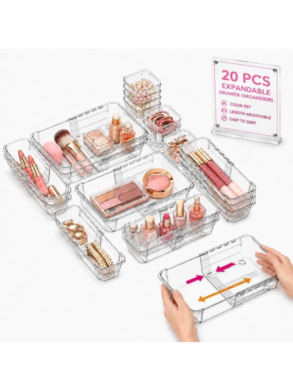 20 PCS Clear Plastic Drawer Organizers Set - Adjustable & Expandable Storage